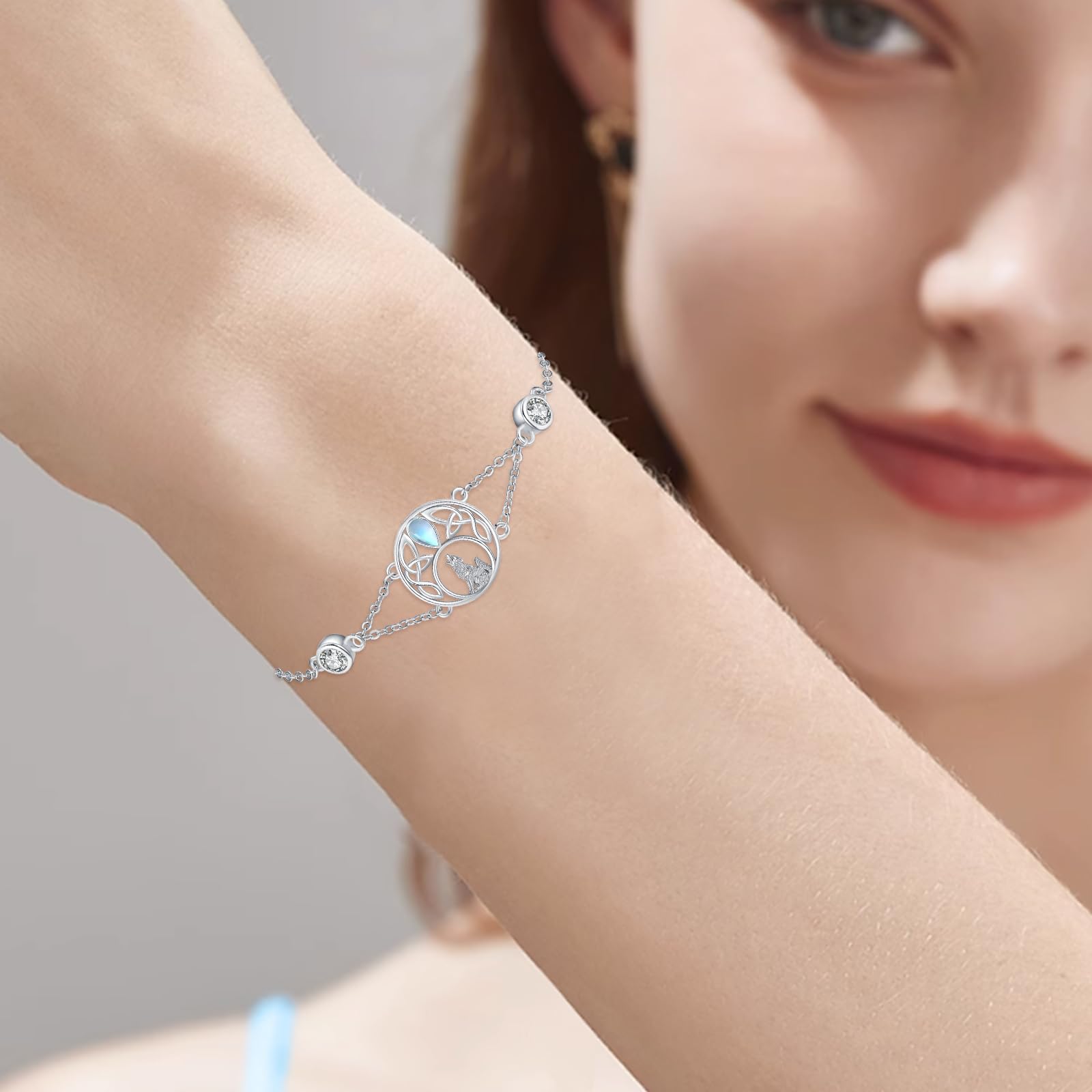 Pulseras de lobo de plata de ley 925 con piedra lunar, nudo celta, pulseras de animales de lobo, pulseras ajustables de circonita cúbica, regalos de joyería para mujer, Plata de ley Circonia cúbica