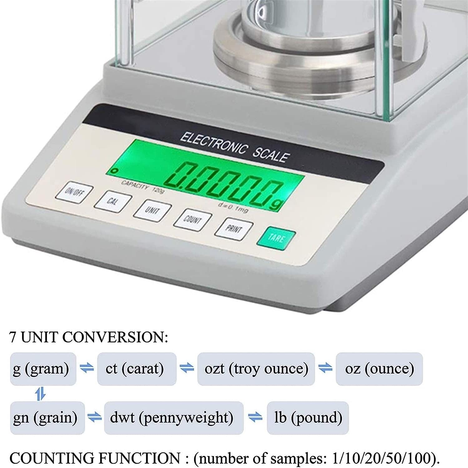 Balanza científica de 0,1 MG, balanza analítica de precisión para Laboratorio con Parabrisas de Vidrio, pesaje, conteo e Interfaz RS232 para Laboratorio y Farmacia.