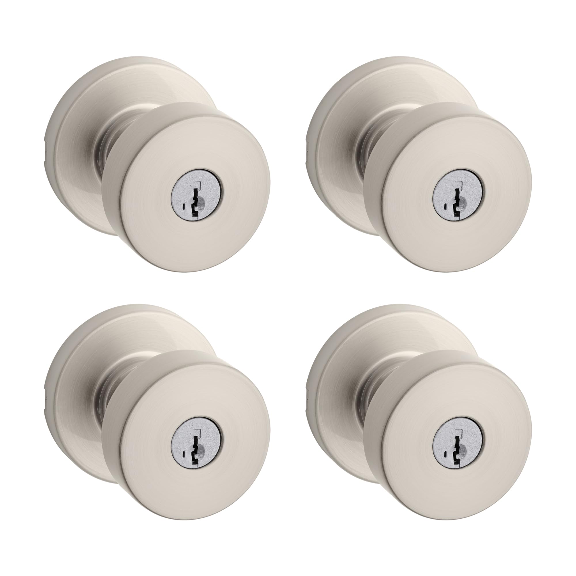 Kwikset Pismo Entry Door Knob with Lock and Key, Secure Keyed Handle Exterior, Front Entrance and Bedroom, Satin Nickel, 4 Pack, Pick Resistant SmartKey Rekey Security and Microban