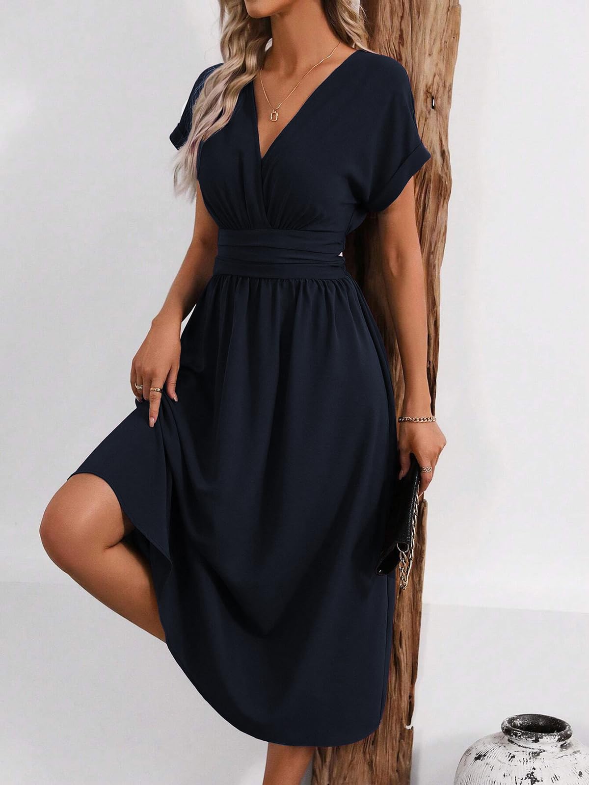 LIAMERHE Damen Langarm/Kurzarm V-Ausschnitt Sommer/Winter Elegant Lang Kleider Herbst Freizeitkleider Plissee Hohe Taille Lässiges Kleid Boho Stil A-Linie Strandkleid Frühling