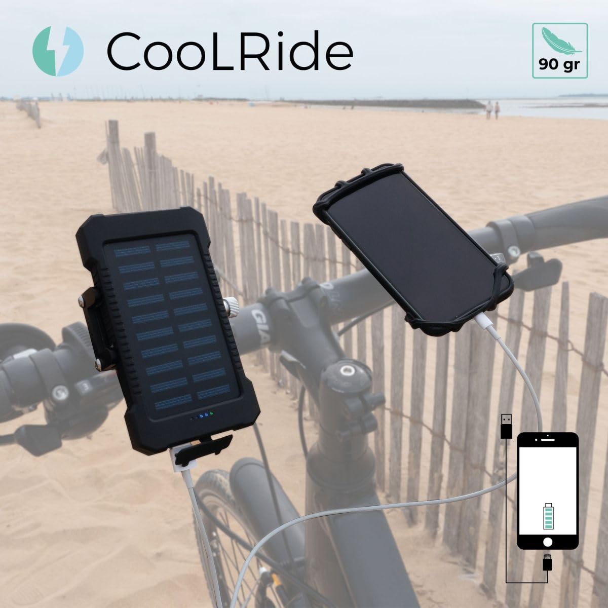 Cool Ride - Kit Support Telephone Velo et Batterie Externe Solaire - pour Tous Les Smartphones de 4,7" à 8" - Certifiée IPX-4 - Accessoire vélo, Trottinette, VTT, VTC, vélo de Ville, vélo Pliant