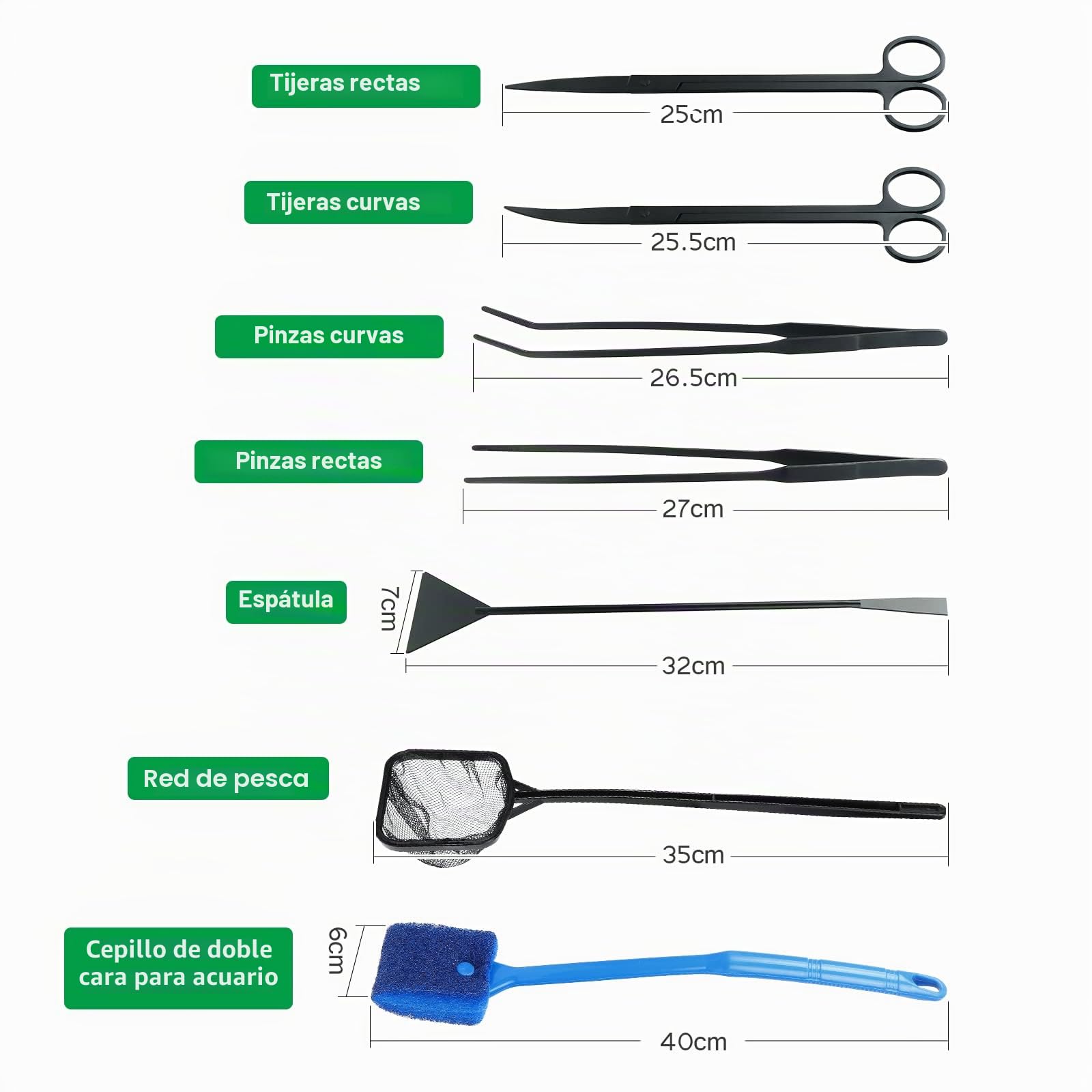 Kit de Herramientas de Acuario Coolty 7 en 1 para Plantas Acuáticas - Pinzas de Tijera de Acero Inoxidable, Herramientas de Limpieza de Acuario, Red de Pesca y Raspador de Algas