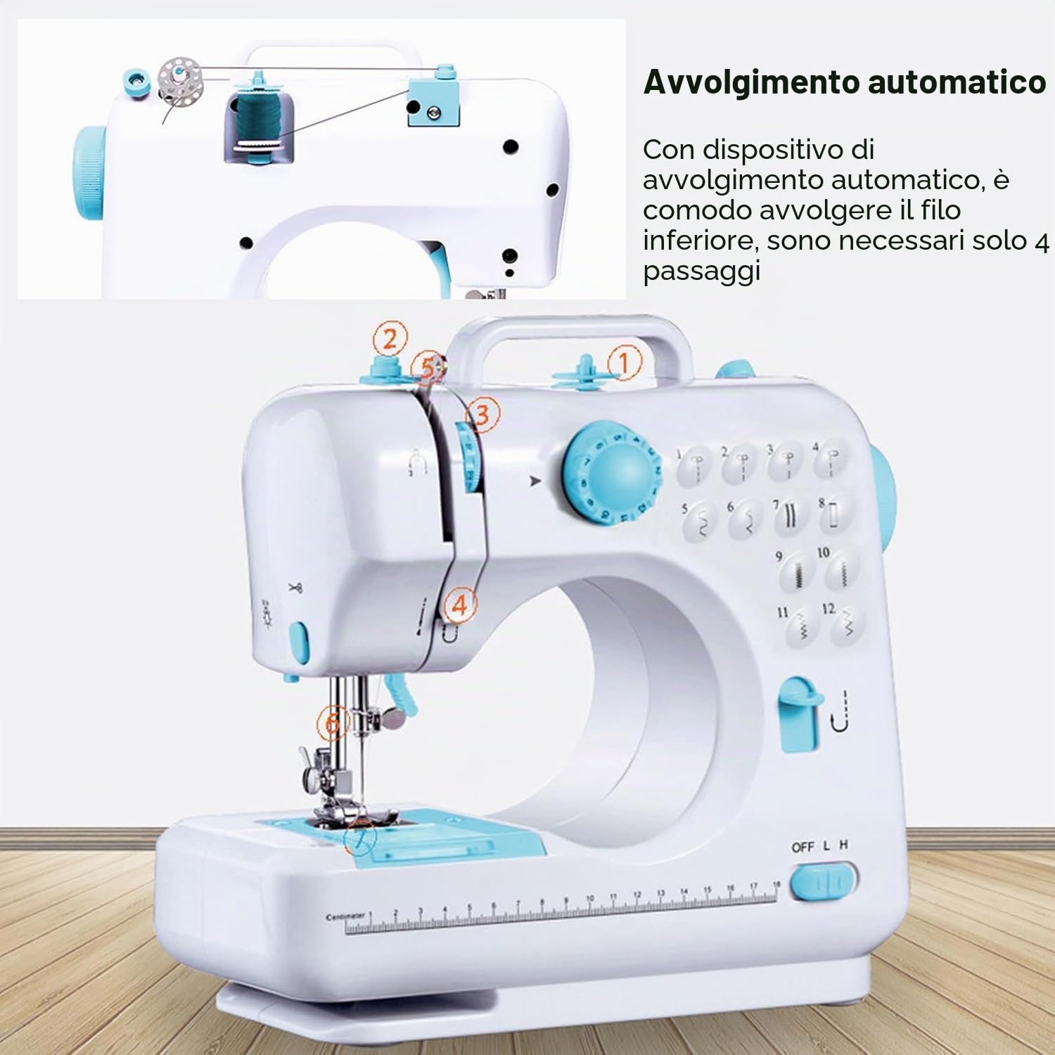 Mini macchina da cucire per principianti, 12 punti, per uso domestico, macchina da cucire multifunzione a doppio filo per bambini, alimentata a corrente e batteria, con luce LED (Blu)