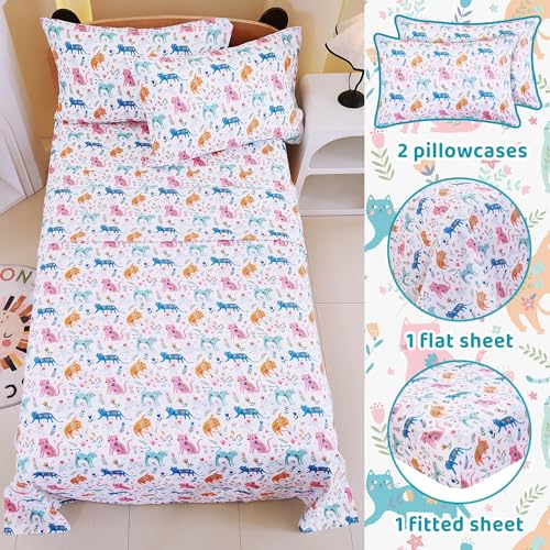 Image of Viviland 4 Pieces Girls Pink Cat Full Sheet Set - Soft Microfiber Fitted Flat Sheets & Pillowcase - Kids Colorful Floral Leaf Print Bedding Sets - for Kids & Toddlers
