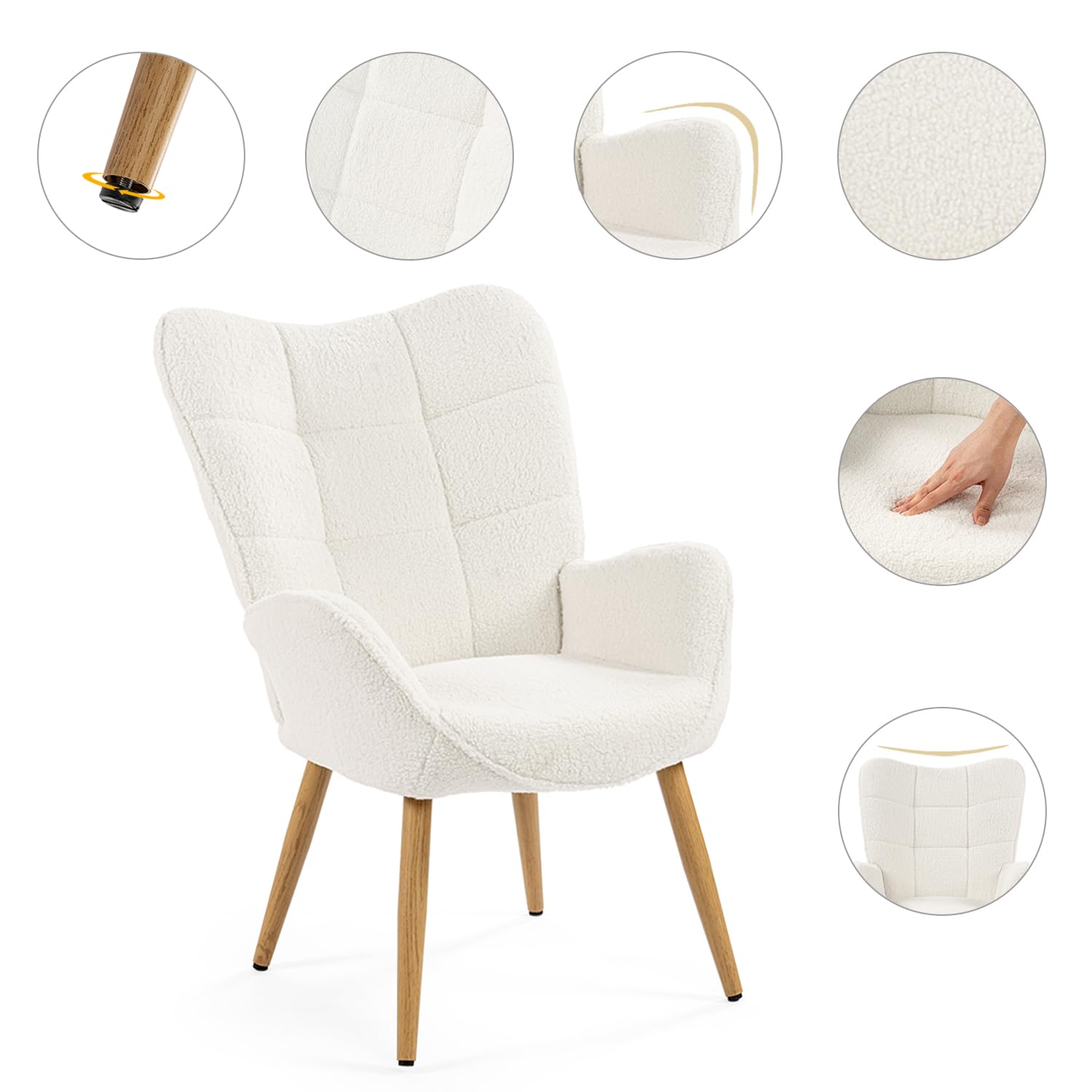 MEUBLE Cosy Juego de 2 Sillón Nórdica Butaca de Salón para Dormitorio Silla Escandinavo con Respaldo y Reposabrazos Patas de Metal en Tela de Bucle Blanco