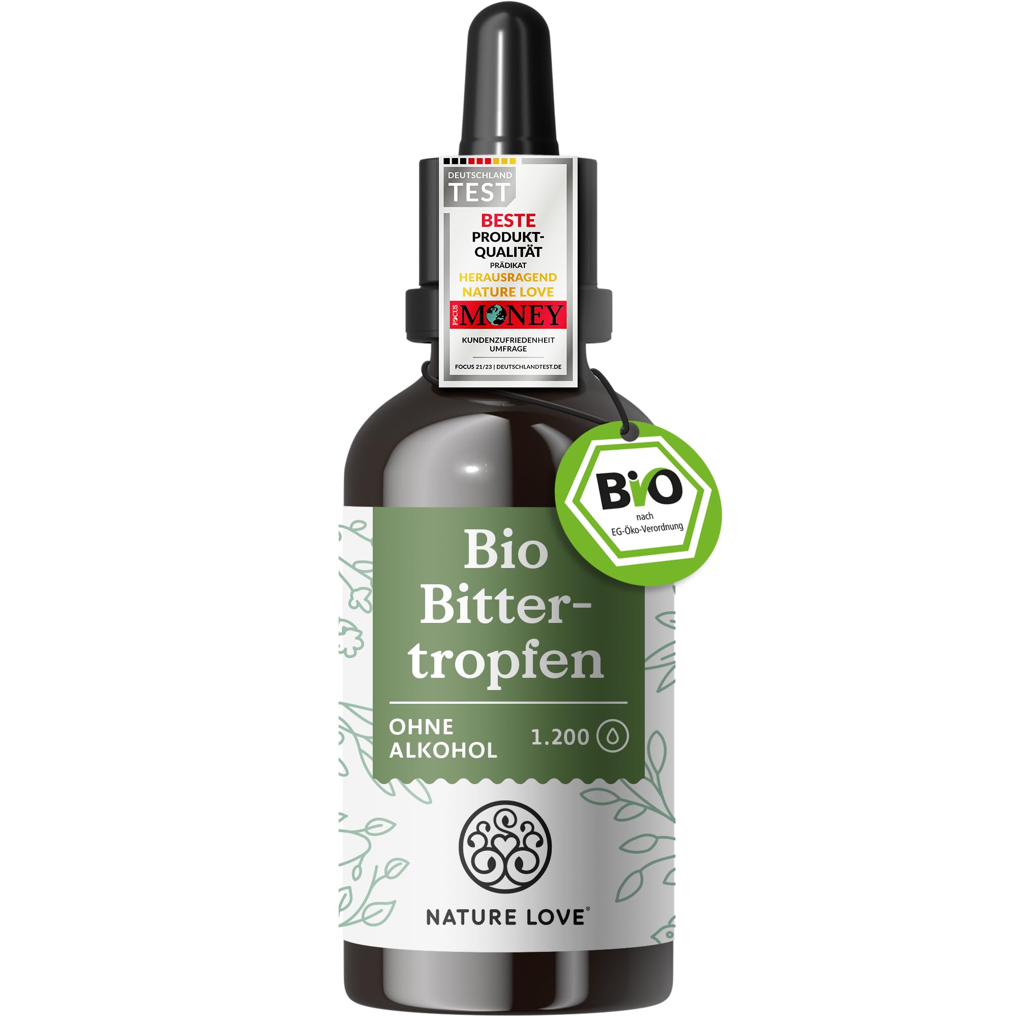 NATURE LOVE® Bio Bittertropfen ohne Alkohol nach Hildegard von Bingen (50ml) - hochdosierte Bitterstoffe Tropfen als 5:1 Extrakt aus erlesenen Kräutern und Pflanzen - vegan, laborgeprüft