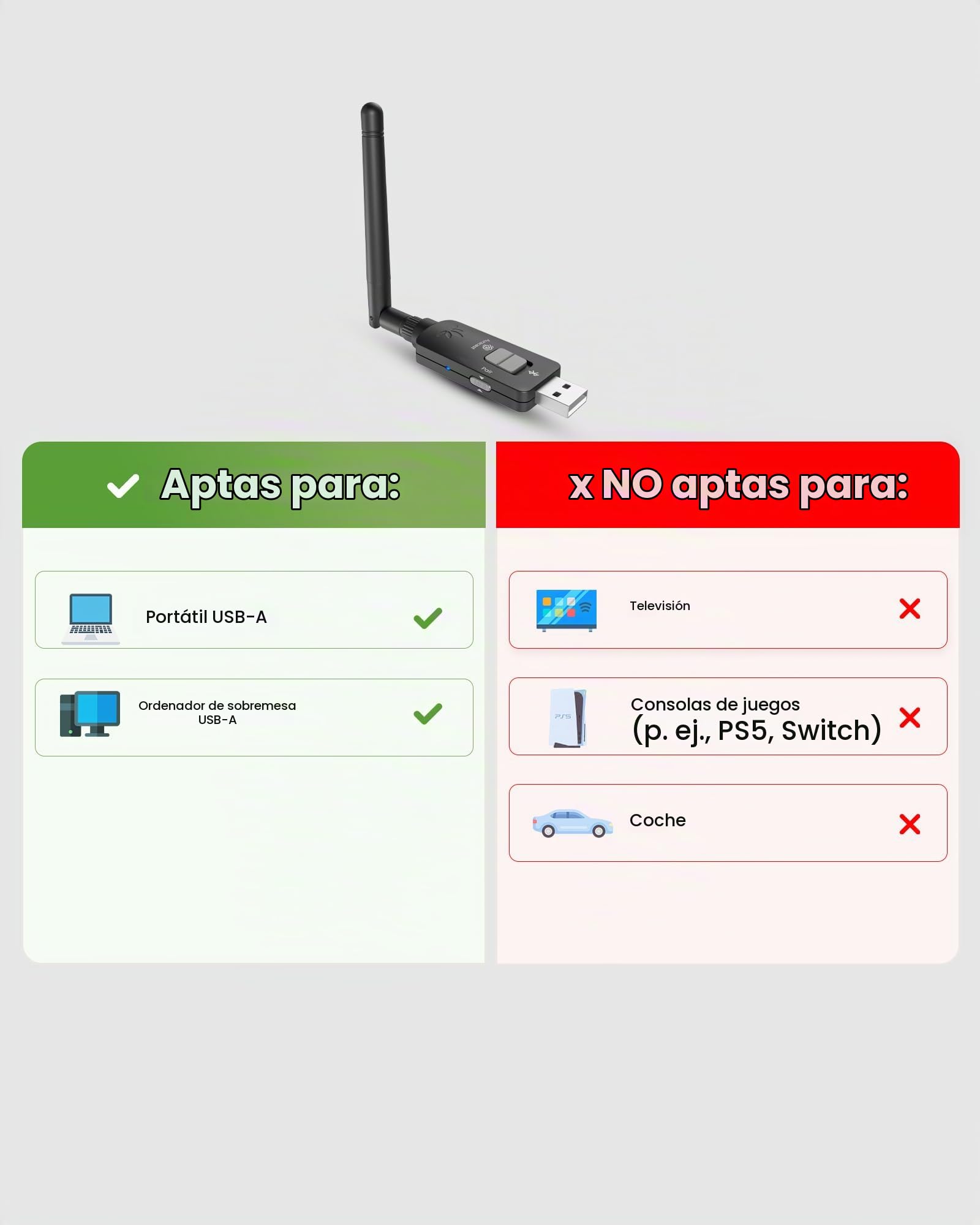 Avantree DG60 Aura – Largo Alcance Transmisor Auracast & Adaptador USB Bluetooth 2-en-1 para Auriculares, Qualcomm aptX Adaptive, Firmware Actualizable, Transmite Audio PC a Múltiples Auriculares