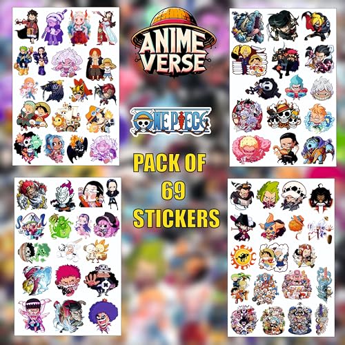 Image of AnimeVerse Pack of 69 One Piece Chibi Anime Stickers for Laptop, Phone, Guitar, Bike, PC, | Waterproof Glossy Vinyl Decals | Residue-Free Anime Stickers Collection (Onepiece Chibi)