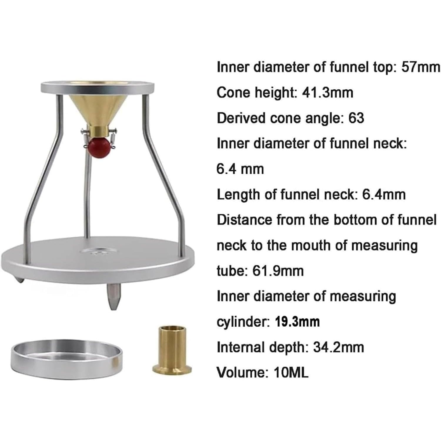 Gęstościomierz ze stali nierdzewnej do proszków metali – cylinder miarowy 10 ml, stożek 63°, średnica lejka 57 mm – idealny tester gęstości nasypowej