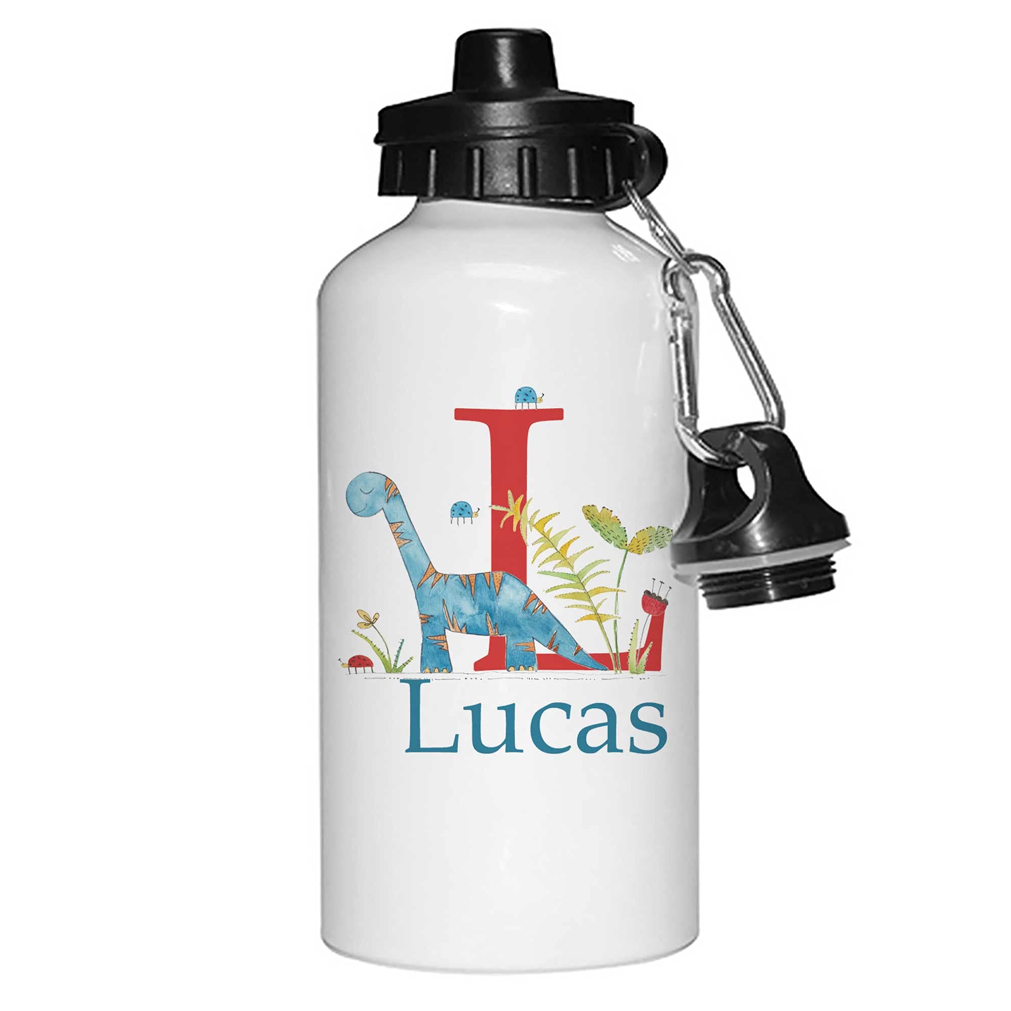 Tigerlilyprints Personalised Aluminium Water Bottle for Boys – 400ml –Kids School Sports Bottle, Metal print on both sides - more designs (Dino Blue) — image 1