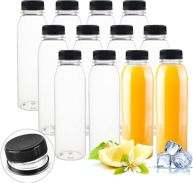 YBCPACK 12 Pack 12oz/350ml Plastic Juice Bottles with Tamper Seal Lids,Empty Reusable Bottles for Smoothie,Juice,and Other Beverages