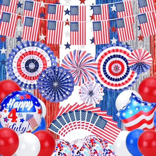 Abitoncc 4th of July Party Decorations American Flag Bunting American Decorations Pom Pom Fans Red White and Blue Balloons for Independence Day Decorations USA Party Decorations