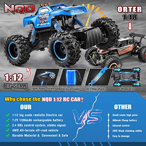 NQD RC Car, Remote Control Monster Trucks 1:12 Big Scale 4WD Off Road Rock Crawlers 2.2Ghz Radio Remote Control Car High Speed Racing All Terrain Climbing Car Gift for Boys - Thumbnail 4