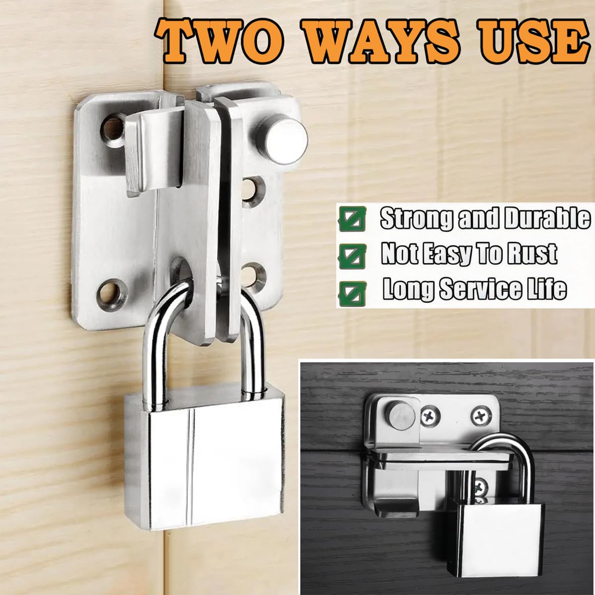 Chiavistello per porta con serratura in acciaio inox con lucchetto, foro di chiusura della porta, per porte in legno, armadio da giardino, aperto a destra (Argento, L: 52 x 62)