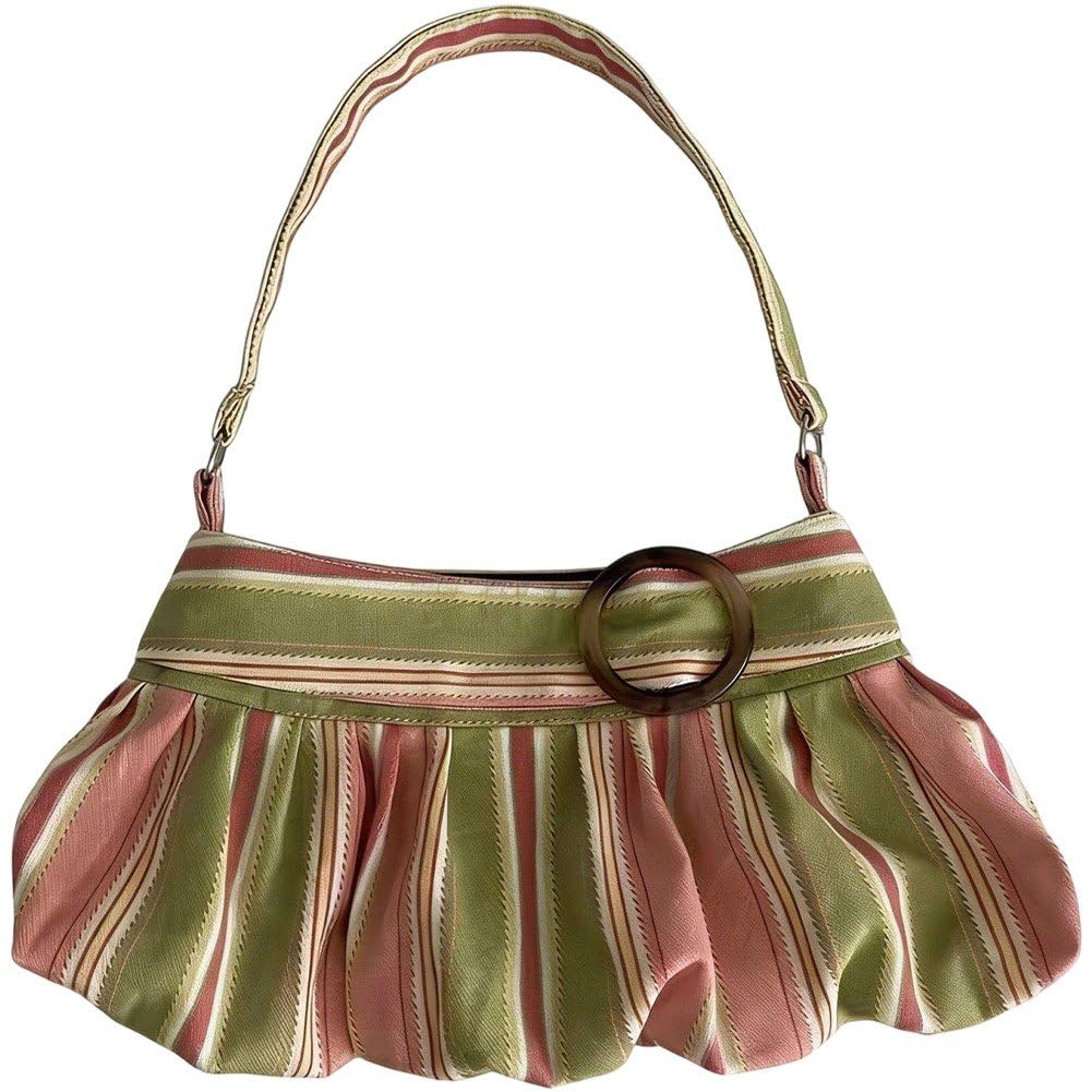Fituenly Pleated Design Shoulder Bag with Wooden Button, Dumpling Handbag Striped Pattern Casual Underarm Purse for Women