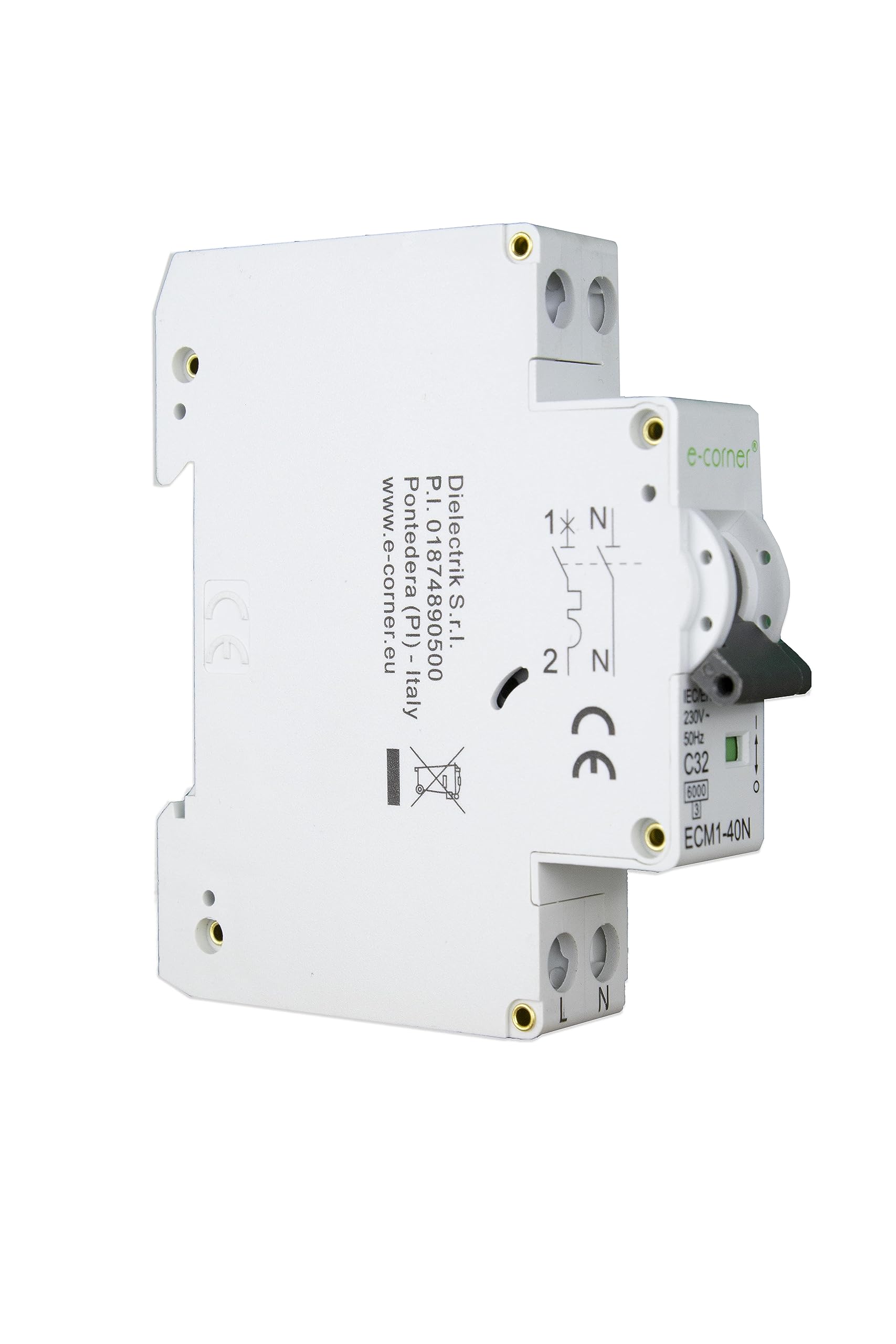 E-Corner Interruptor magnetotérmico curvo C | 1P+N 32A 6kA | 230V AC 50Hz | Paquete de 12 unidades