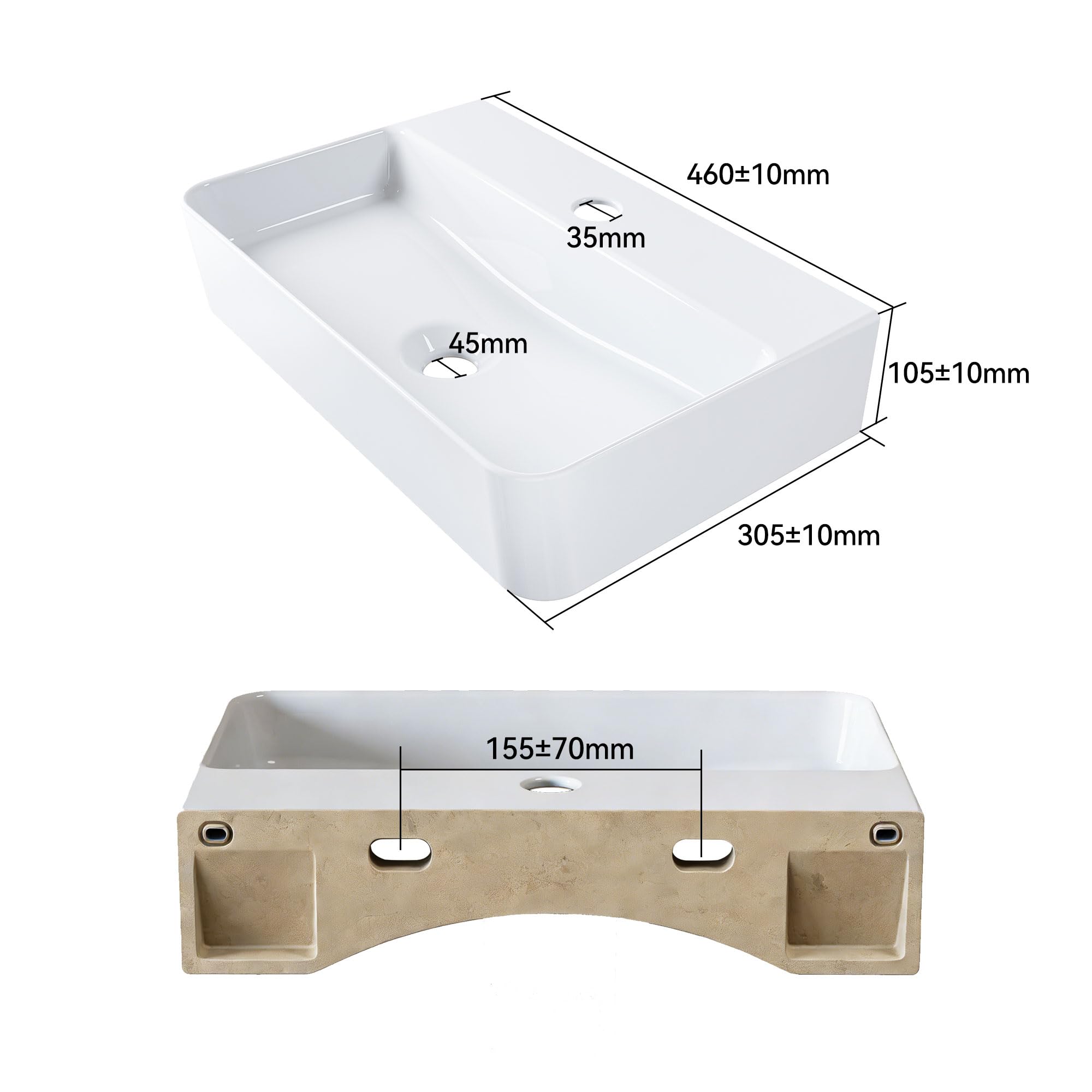 Lavatorio pequeño de cerámica blanca 460/310 mm para suspender montaje en pared con orificio para grifo sin rebosadero