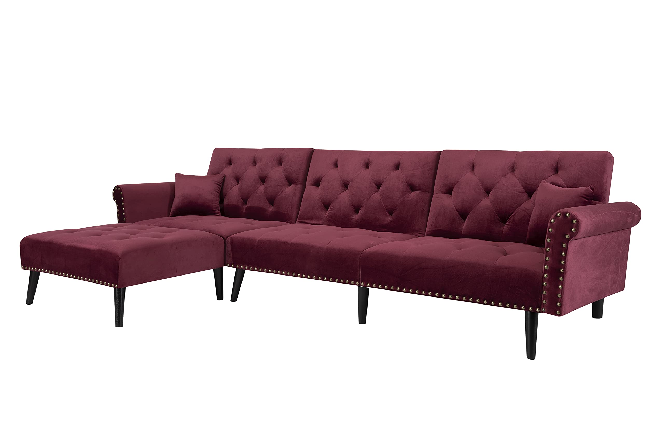 (Incomplete, Only Box 2 of 2) LCH Velvet Convertible Sleeper Sectional Sofa Bed,Reversible L Shaped Button Tufted Couch Furniture Set with Chaise Lounge 2 Pillows for Living Room, Red