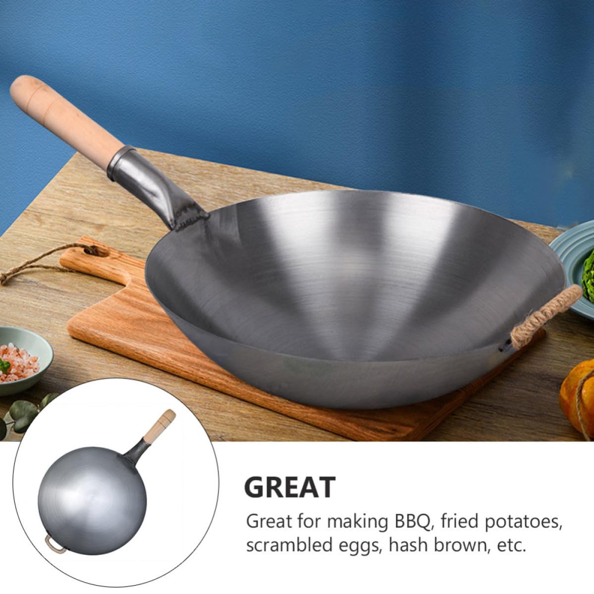 POPETPOP Wok Utensile Multifunzionale Padella Antiaderente Manico in Legno in Ferro Spesso Resistente e Pratico per Cucina a Gas, per Cucinare e Barbecue