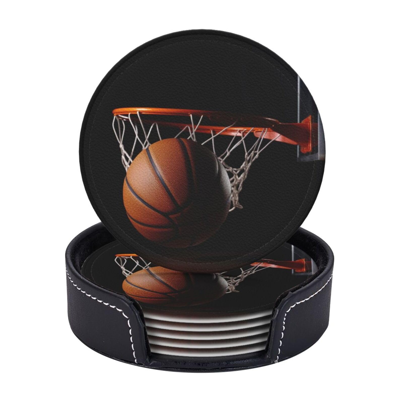 Round Coasters for Drinks Set of 6 - PU Leather Coasters with Holder - Modern Drink Coasters for Coffee Table - Basketball Coaster for Tabletop Protection 4" Cup Mat Pad
