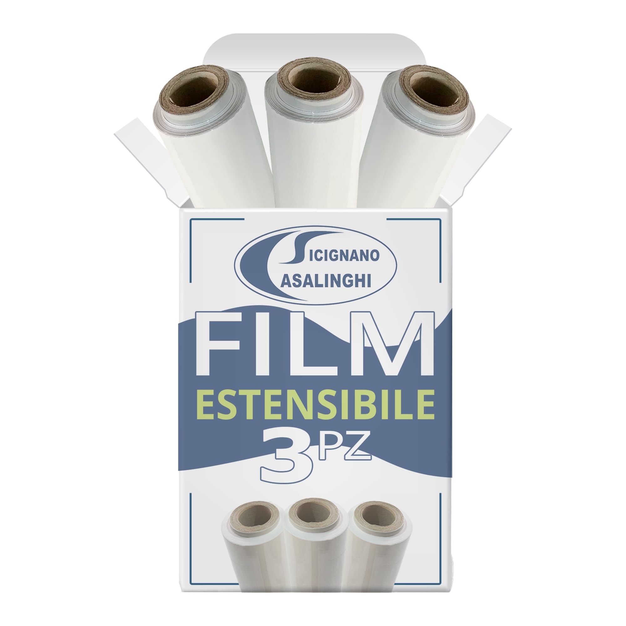 Sicignano 3 Rotoli Film Estensibile Manuale Bianco 2,6 kg, Pellicola in Polietilene Coprente per Imballaggi, Protezione e Stabilizzazione Pallet