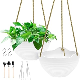 White Hanging Planters Basket for Indoor Outdoor Plants, 2 Pack 8 Inch Flower Plant Pots for Indoor Hanging Plants, Plant Hanger Self Watering Hanging Planter with Drain Holes and Jute Rope