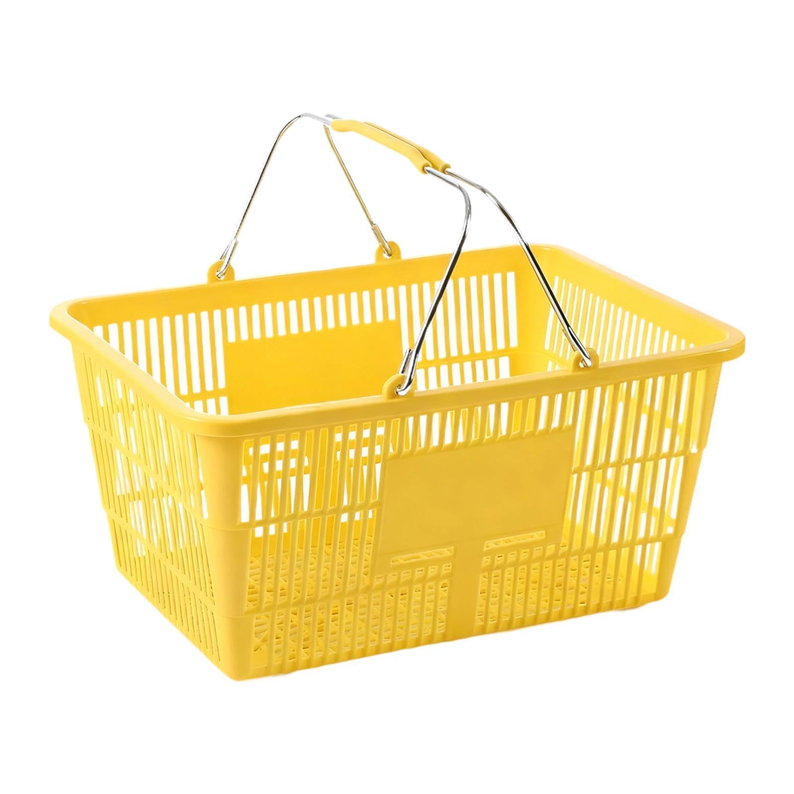 Panier de Courses avec Poignée Métal, Panier Supermarché en Plastique Renforcé, Grande Capacité, pour Commerce, Épicerie et Rangement Maison, Rectangulaire, 42x30 cm, Jaune