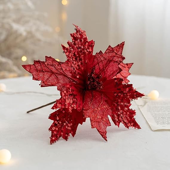 Ansho Pack of 6 Glitter Poinsettia Flower Large Artificial