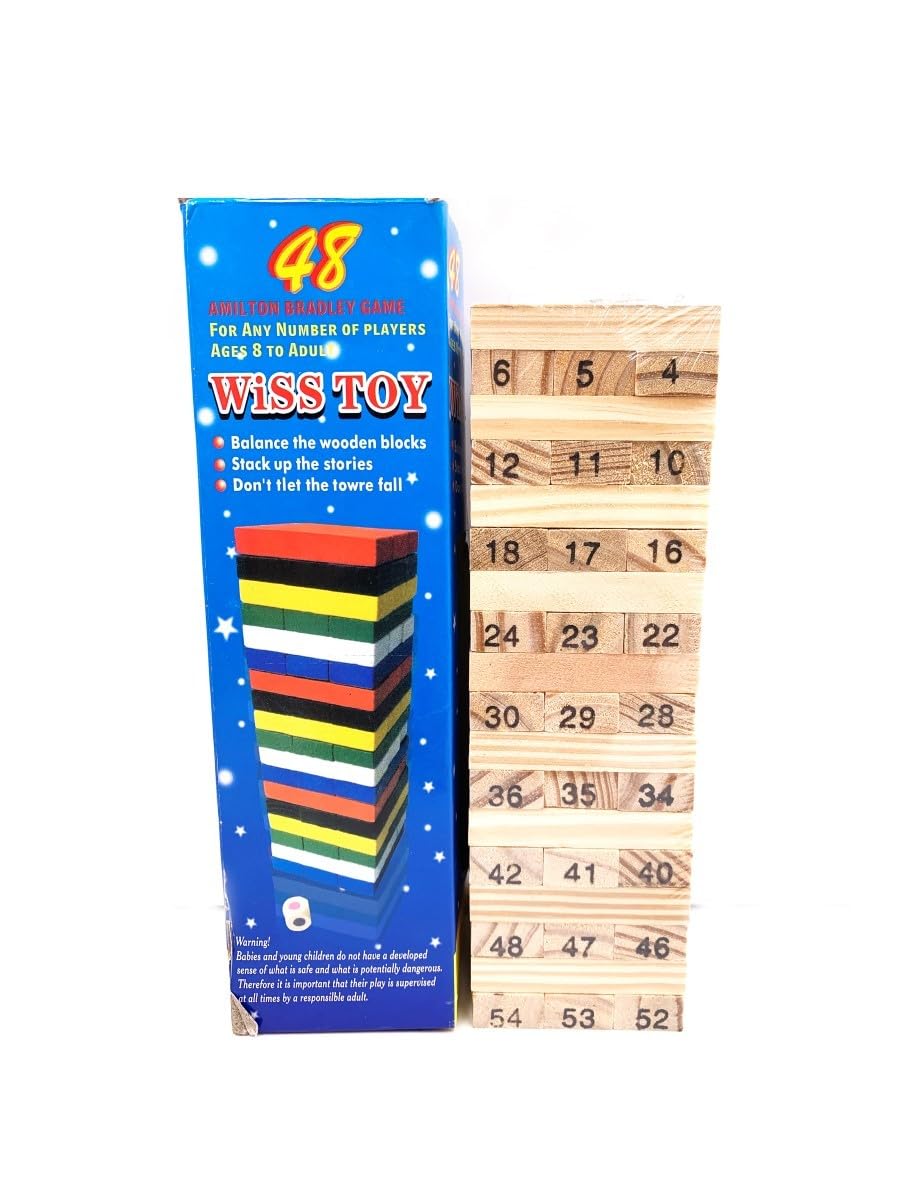 Torre de Bloques de Madera, 54 Piezas, 23x7x7 cm, Juego de Habilidad con Dado, para Todas Las Edades (Madera, 54 Piezas - 23x7x7 cm)