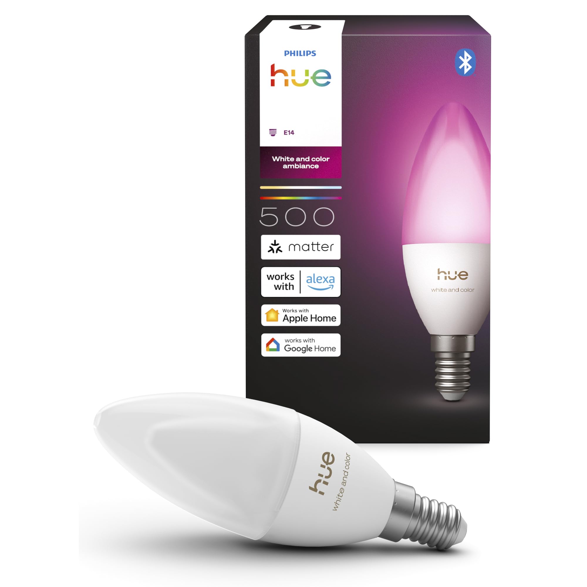 Philips Hue Smart LED Candle Bulb, B39, E14, 1 Pack, White and Color Ambiance, Full Spectrum Light 1000 K-20000 K, 500 lm, Ultra-Low Dimming, Chromasync, Alexa, Google Home, Apple Home