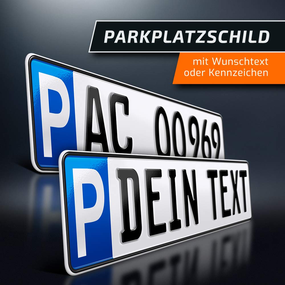 1 Parkplatzschild | 520 x 110 mm | WUNSCHTEXT BIS ZU 9 ZEICHEN | Parkplatz-Kennzeichen | Kfz Kennzeichen | Wunschbeschriftung | DHL-Versand