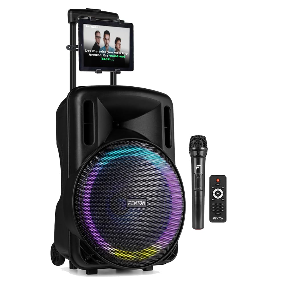 Fenton FT15LED MK2 15-Inch Portable Karaoke Speaker System - 800W Bluetooth Karaoke Machine with Wireless Microphone, LED Party Lights, Tablet Holder & Rechargeable Battery for Adults & Events