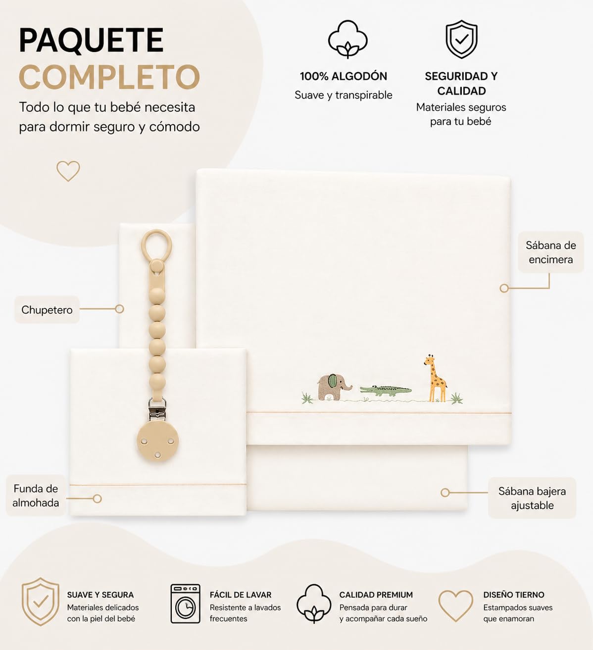 Lenzuola 100% cotone per culla, 60 x 120, 3 pezzi, colore: beige (lenzuolo con angoli + lenzuolo superiore + federa per cuscino) - Made in Spagna