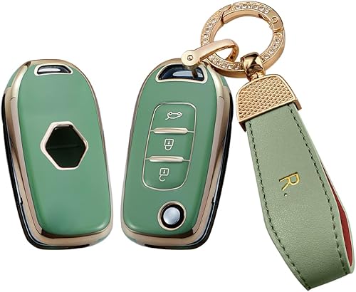 SANRILY Funda para llavero Renault Sandero Stepway Logan Clio Arkana Captur Kadjar sin llave con llavero de piel brillante verde