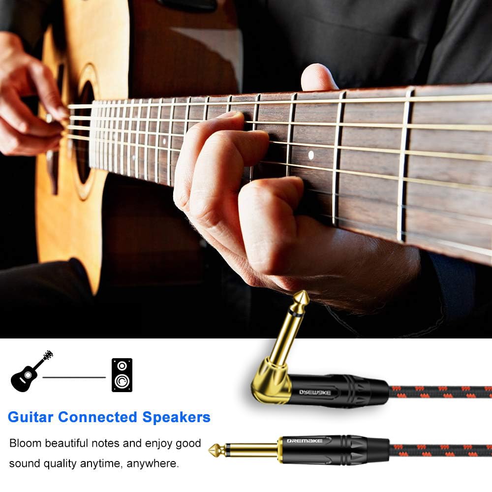 3 pie Profesional Cable de Instrumento, Cable de Guitarra para Altavoces Bass Teclado 1/4 "(6.3 mm) Recto a ángulo Recto, Cable Negro/Rojo Tweed