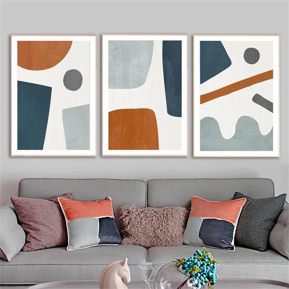 WUHBCZ Wall Posters-Modern Abstract Geometric Shapes Posters and Prints Blue & Burnt Orange Art Canvas Painting Rust and Blue Wall Pictures Living Room Home Decor-40 * 60cm/3PCS (No Frame)