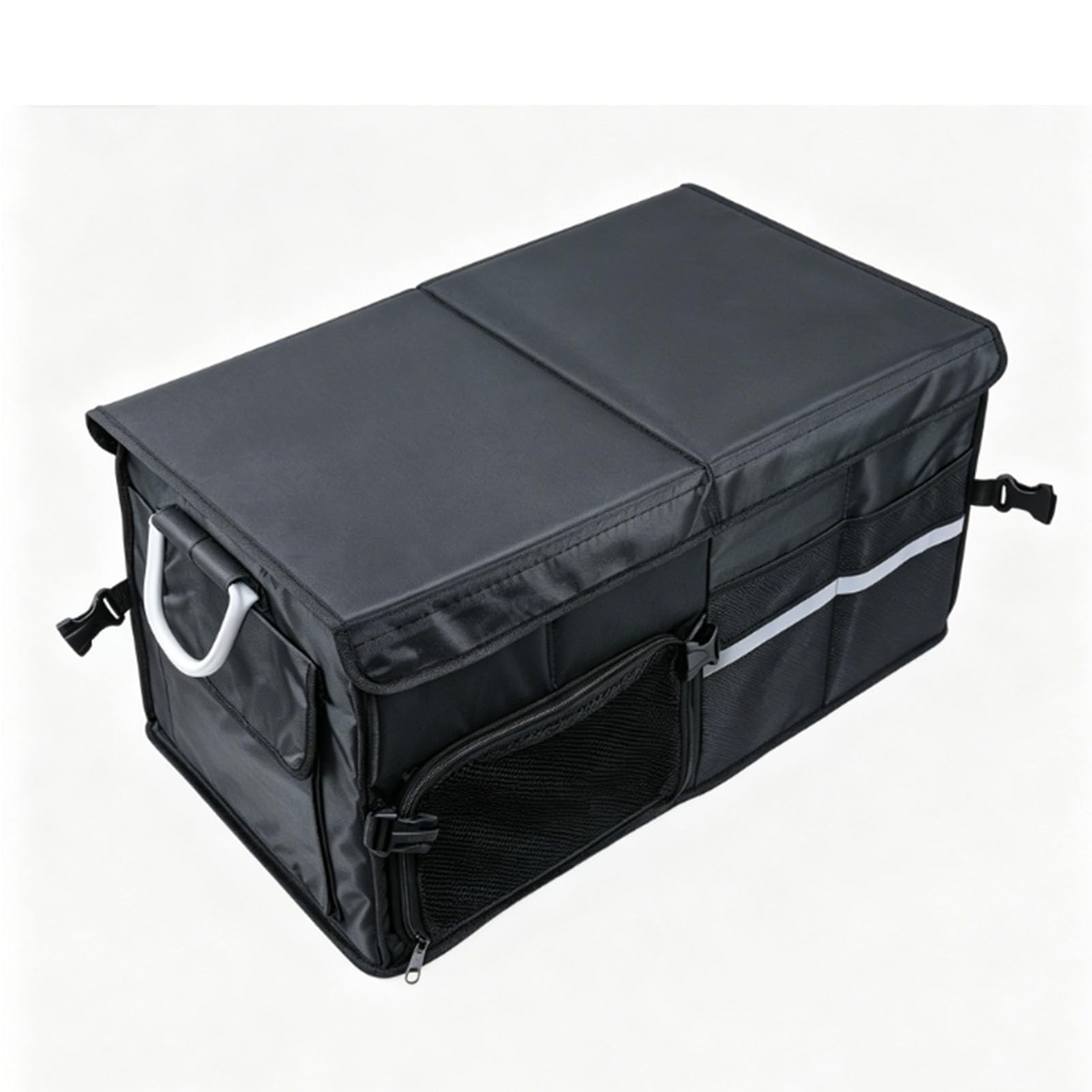 POENVFPO Organizador de Maletero de Coche, Caja de Almacenamiento de Carga Plegable de 55 L con Tapa, Tela Oxford 600D, 3 Compartimentos, Diseño Plegable para SUV, Sedán, Camión, Camping, Uso de