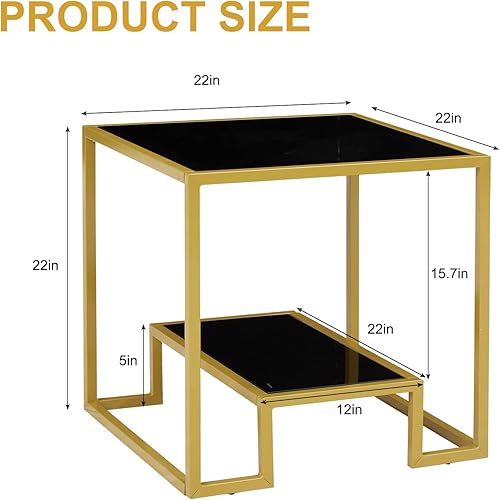 Miniatura 2 de Kinpaw Mesa de centro de vidrio templado de 22 pulgadas mesa auxiliar rectangular de 2 niveles amplia mesa industrial moderna con marco de acero