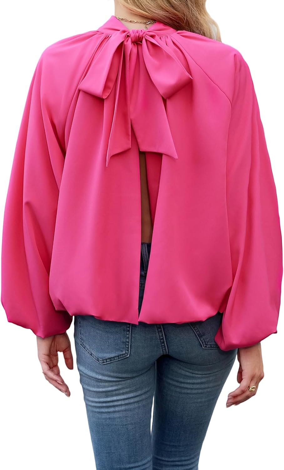 Womens Mock Neck Pleated Blouse Open Back Bow Tie Long Puff Sleeve Loose Fit Casual Shirt Cute Tops Fall - Image 2