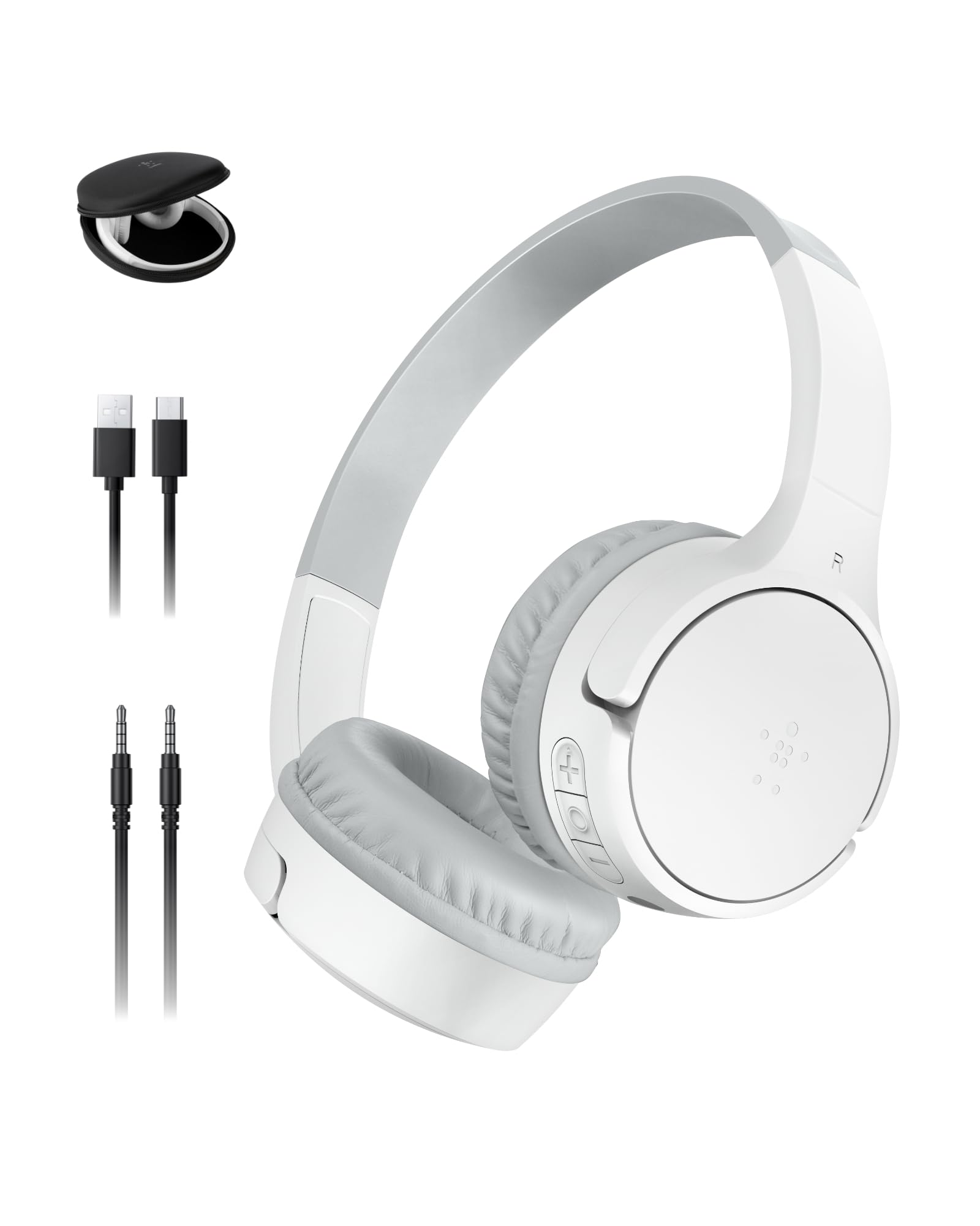 Belkin SoundForm Mini Kids Wireless Headphones w/Built-in Microphone, 30H of Playback Time, Fun Stickers, & Case - Over-Ear Headsets for Online Learning, School, iPhone, iPad, Galaxy, & More - White