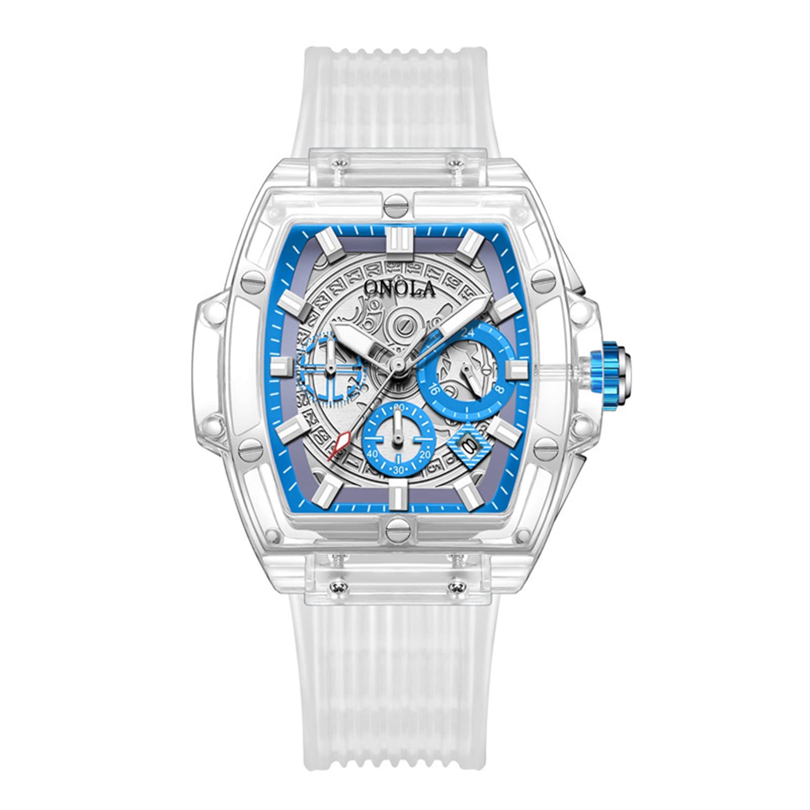 Orologio da uomo al quarzo, analogico, cronografo, scheletro, rettangolo, quadrante grande, alla moda, con cinturino in silicone