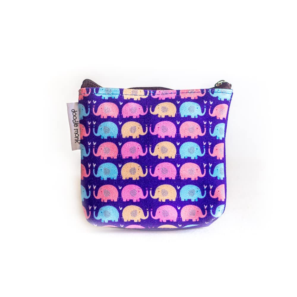 DOODLE MONKElephant Mini Zipper Pouches | Purse for Girls/Women | Canvas Mini Wallet for Coin, Cards, Cash