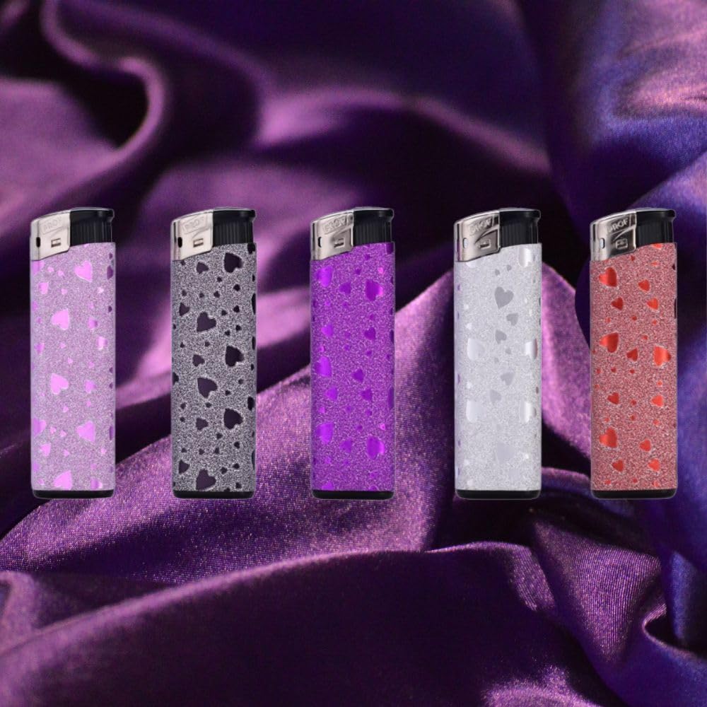 Maelsa® Lot de 5 briquets pailletés motifs cœur Shiny Heart strass allumage flamme - Dimensions : 8 cm - Coloris pailleté brillant - Vendu par lot de 5