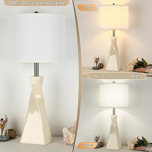 Miniatura 4 de Juego de 2 lámparas de mesa de 29 pulgadas, lámparas de mesa de noche de cerámica blanca con interruptor giratorio, lámpara de noche con base E26 y