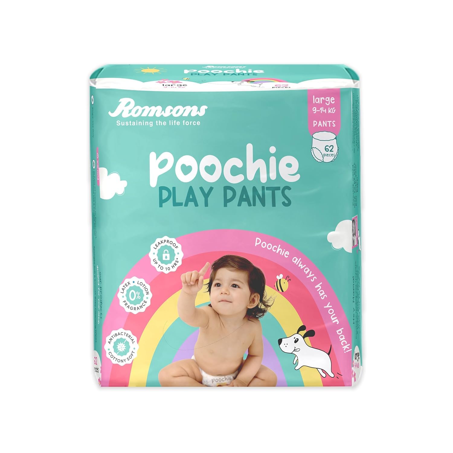 Romsons Poochie Play Pants Baby Diaper | Large Size | Super Absorbent Core | Leakproof Protection for up to 10 Hours | 360° Comfort Fit | Suitable for 9-14 KG | Pack Of 1 (62 Count)-image-34