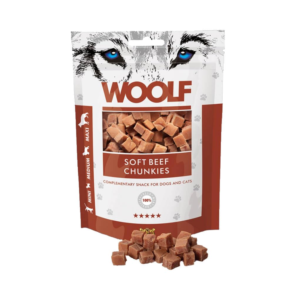 WOOLF Chunkies - Complementary Snacks for Dogs. Dog Treats with Natural Ingredients and High Meat Content, Balanced Nutrition, Free from Artificial Additives. Suitable for Puppies (Beef, 100g)
