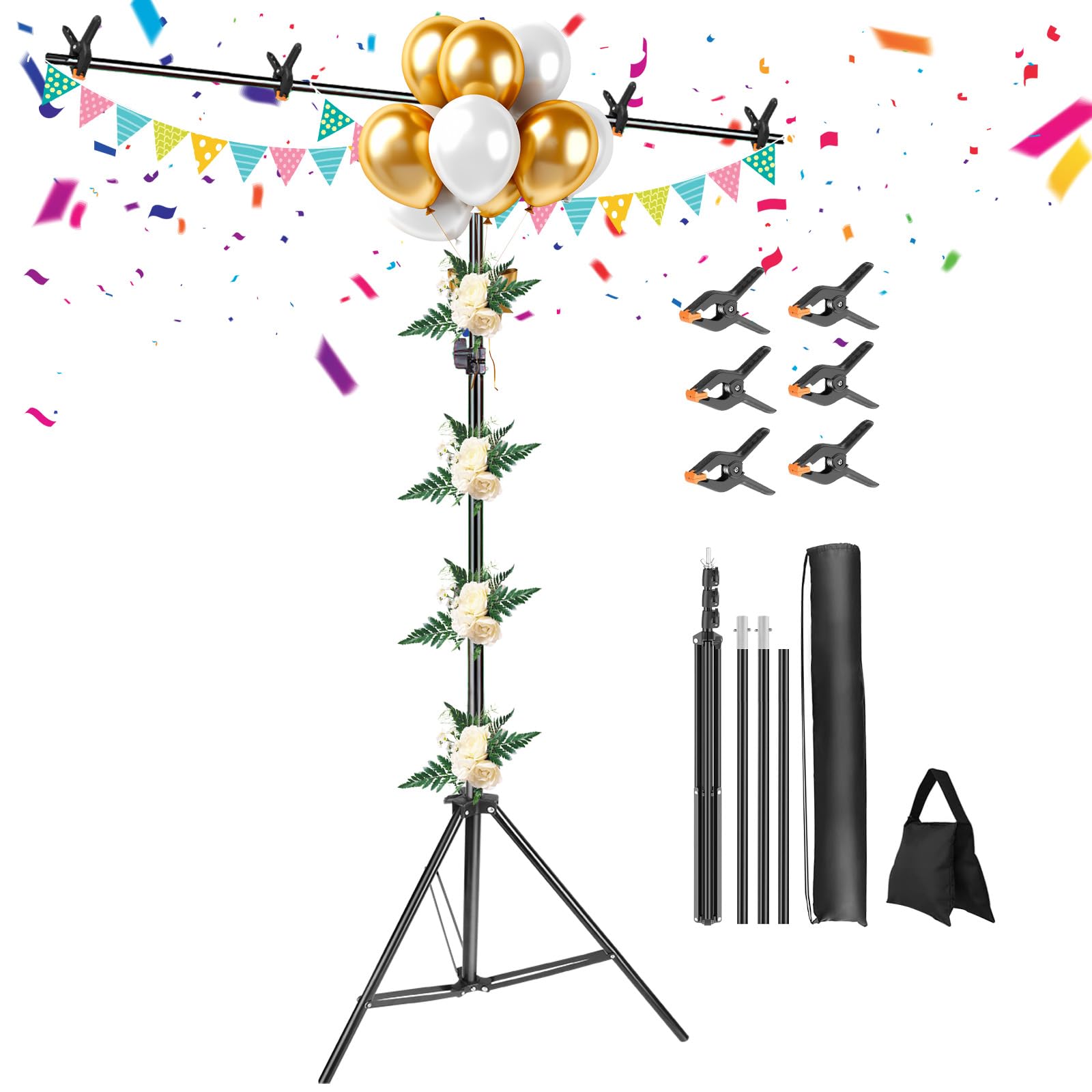 TeqHome Backdrop Stand, T-Shaped Backdrop Stand for Parties 6.5FT Adjustable Photo Background Support Kit with 6 Background Clamps, 2 Crossbars &