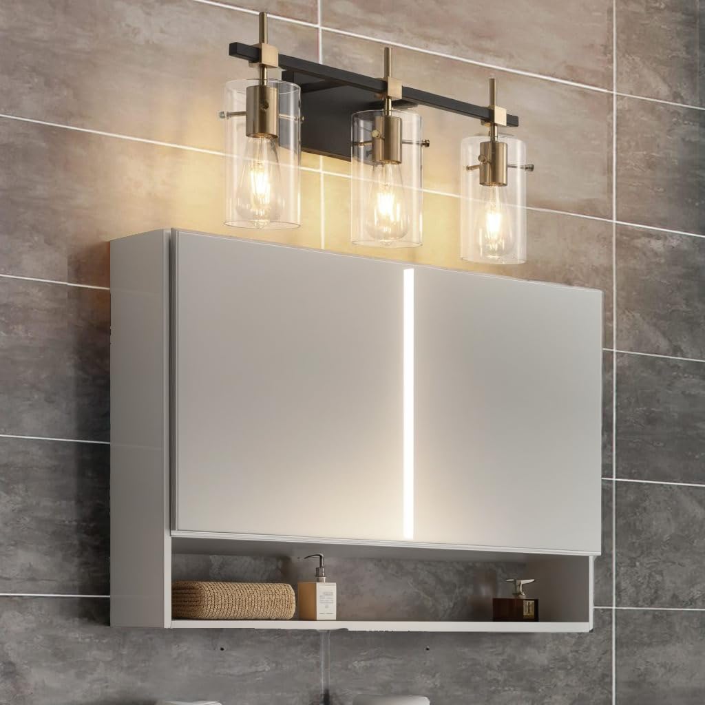 Matte Black and Gold Vanity Light, 3 Light Bathroom Lighting Fixtures Over Mirror, Modern Metal Wall Lights for Hallway Kitchen Bedroom Living Room