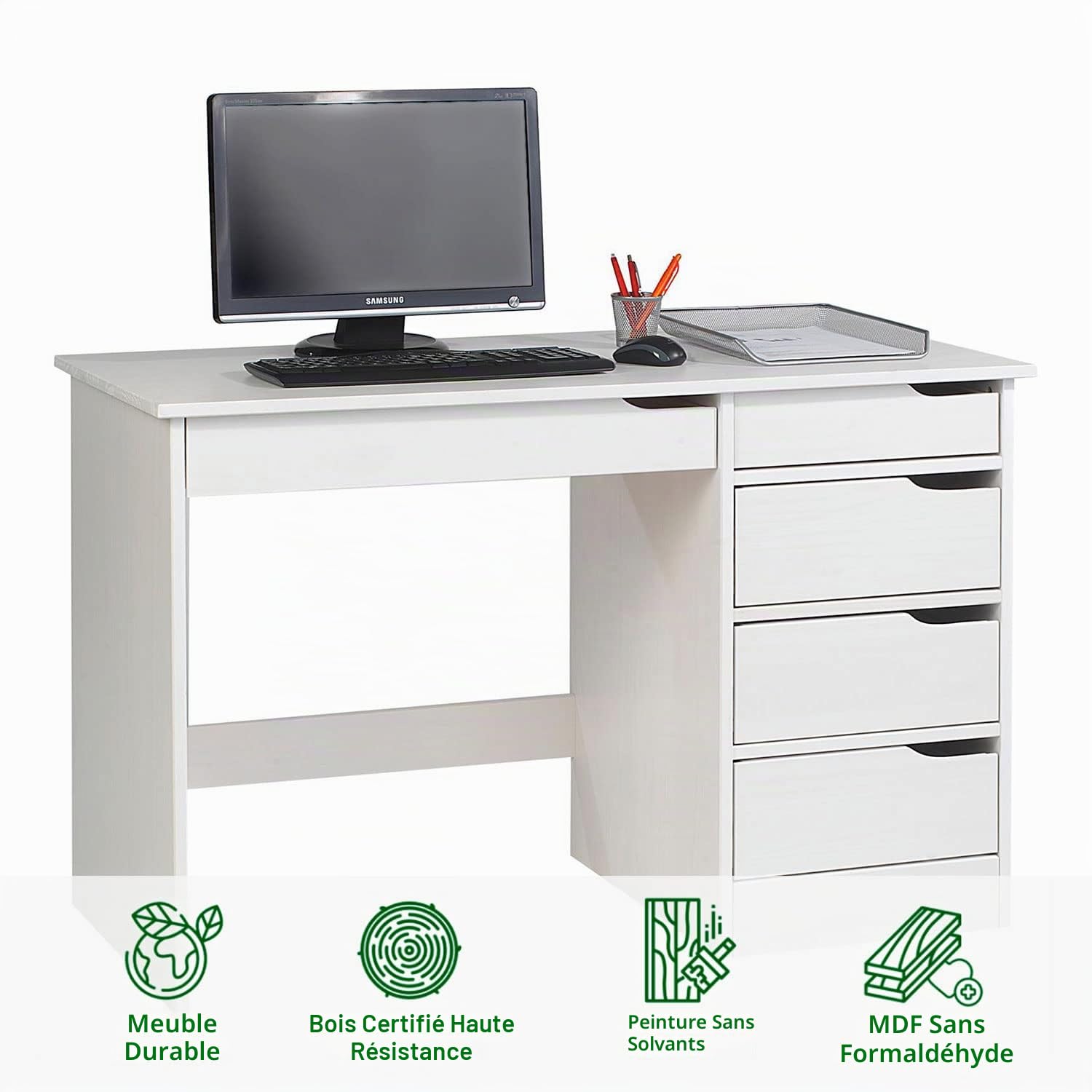 IDIMEX Bureau avec Rangement Hugo Grand Bureau avec 5 tiroirs, au Design scandinave et épuré, en pin Massif lasuré Blanc