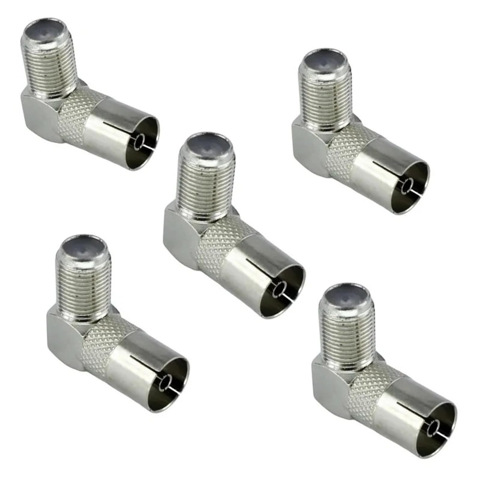 5 adattatori coassiali RF femmina F a IEC femmina, ad angolo retto di 90 gradi, 75 Ohm, nichelato, per antenna TV, cavo top box